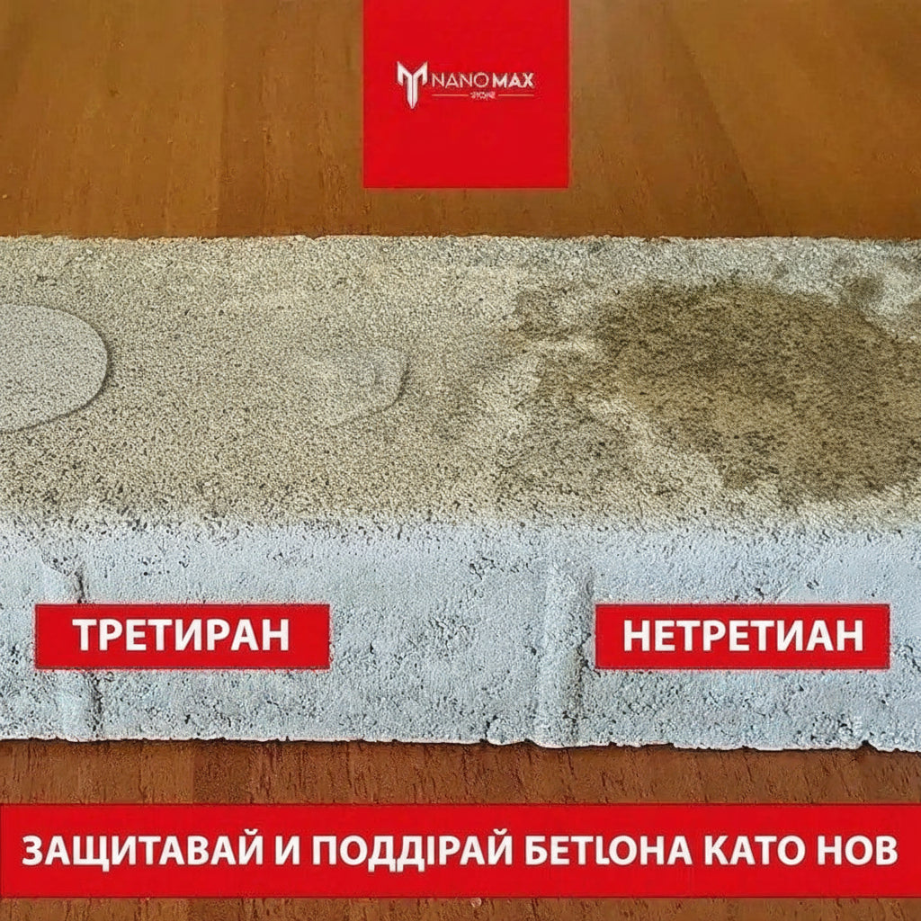 Impermeabilizant Nanomax pe suprafață lucioasă, contrast tratat-netratat, textură granulară.