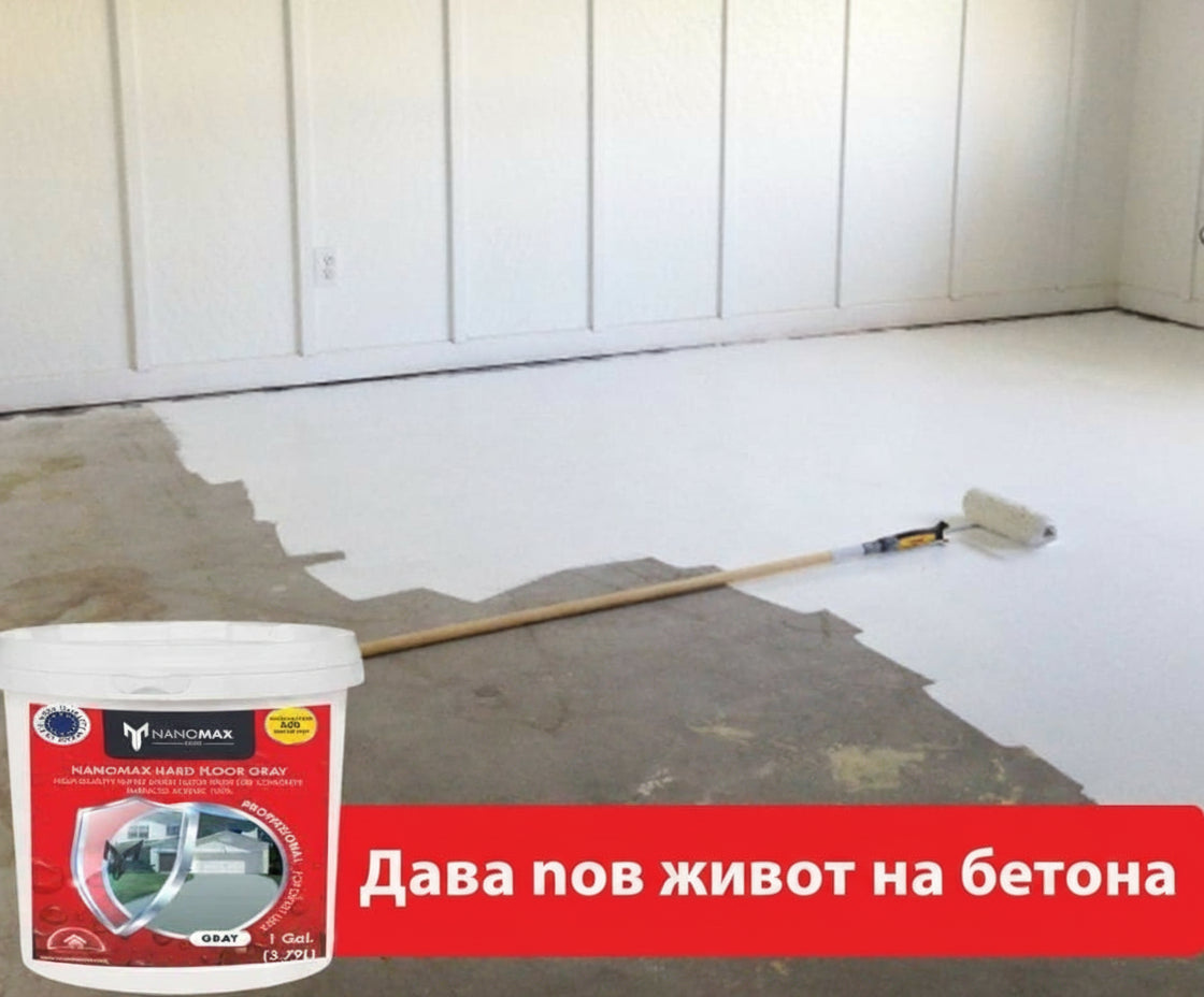 Vopsea acrilică albă pe beton Nanomax, aplicată cu rolă pe podea.