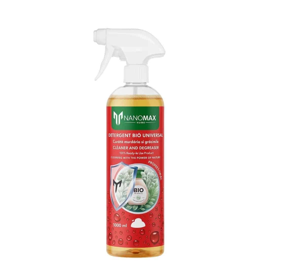 Detergent BIO Nanomax curățare pietre, pavaje, 1L, recipient plastic transparent, etichetă roșie.