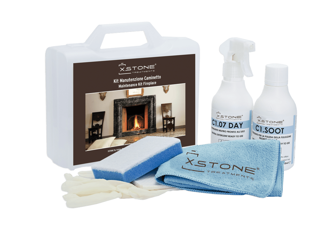 KIT COMPLET PROFESIONAL detergent curatare depuneri de murdărie și grăsimi arse de pe cuptoare, seminee, grătare sobe, caramida, sticla, marmura, granit, piatra naturala, beton, Caminetto, XSTONE, 250ml
